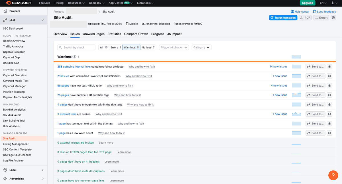 Semrush网站审计工具界面示例