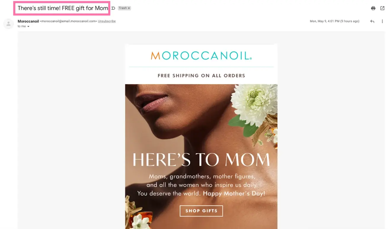 Moroccanoil邮件主题行示例