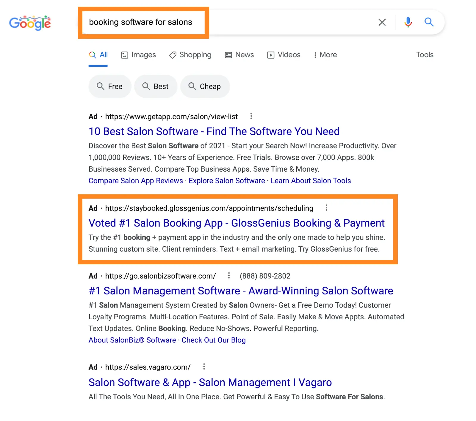 GlossGenius 的谷歌广告文案